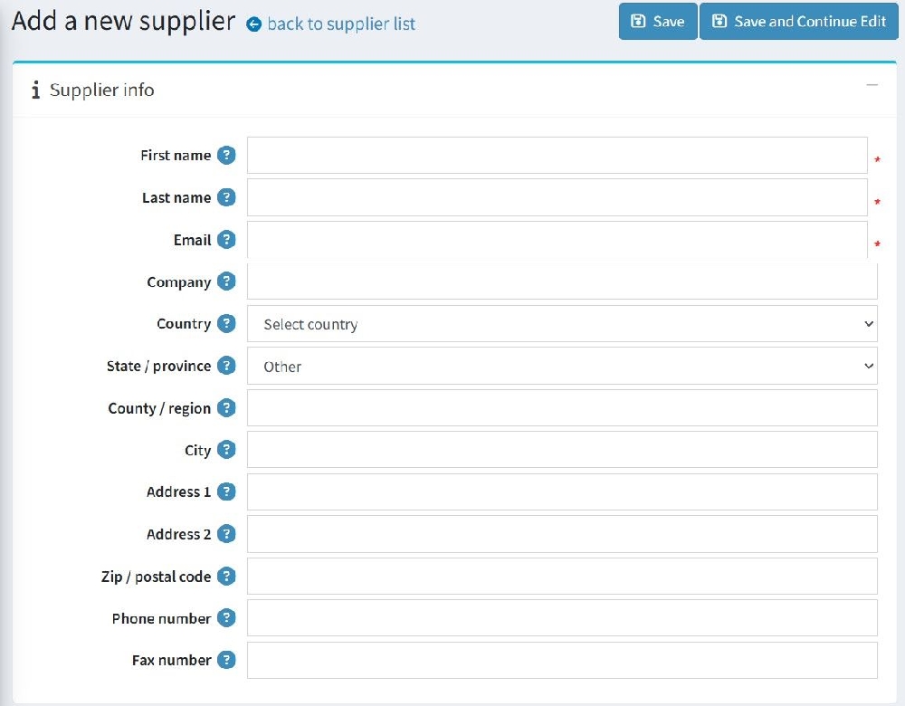 Add new supplier form fields for Purchase Order Inventory Management